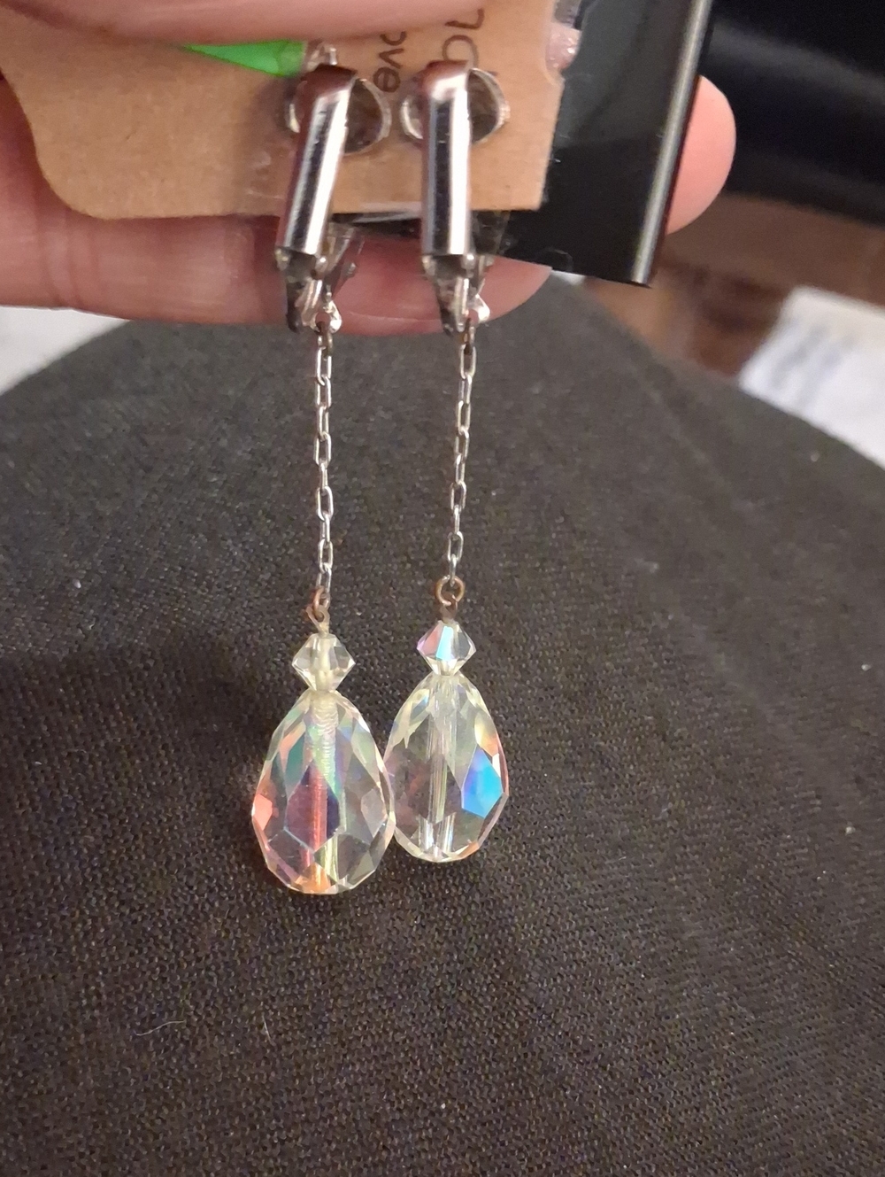 Vintage Clip Silver Crystal Dangle Earrings in Iridescent Clear - Picture 8 of 9